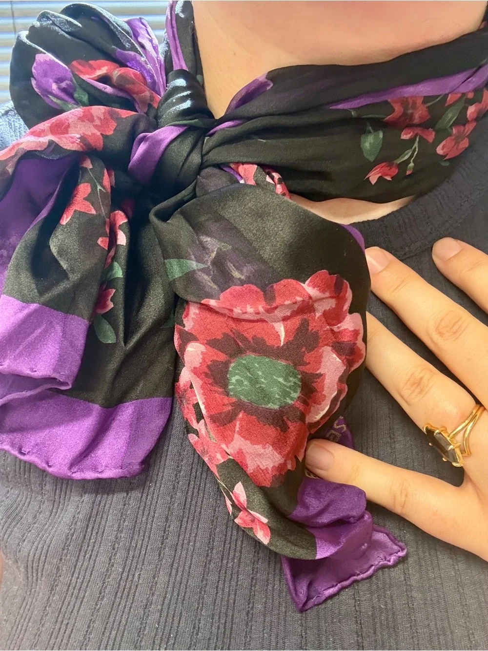 Bill Blass Vintage Black & Purple Floral Silk Scarf
